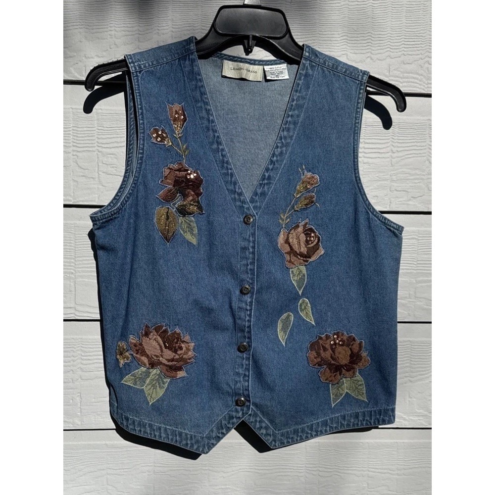 VTG Cottagecore Floral Vest Beaded Embroidered Grandmacore Fall Lemon Grass Sz M - Picture 2 of 8